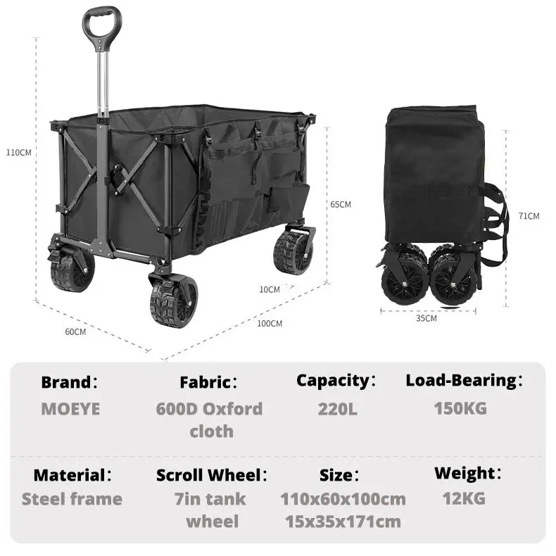 Camping Trolley 220L Large Capacity Folding Wagon Cart Portable Outdoor Multifunction Adjustable Handle Trolley